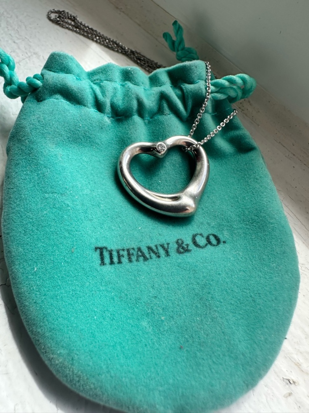 Tiffany & Co Open Heart Necklace Diamond Accent Sterling Silver 925 Elsa Peretti